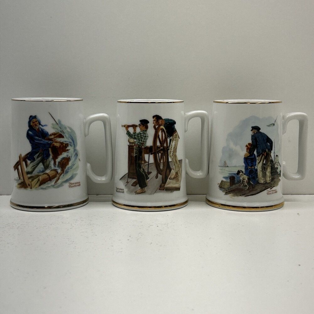 Vintage 1985 Norman Rockwell Museum Coffee Mugs Cups Set of 3 White W/ Gold Trim